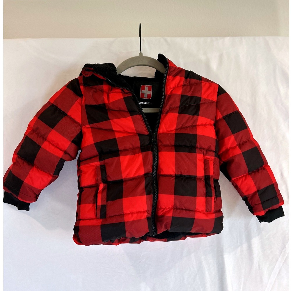 Swiss‎ Tech Boys Red Black Buffalo Plaid Puffer Jacket Fleece Lined Hooded 3T